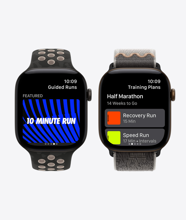 Apple Watch Series 12 devices, screens show Nike Run Club app, Guided Runs, Training Plans features, aluminium cases, black colour, connected to Nike Sport Band, after dark black colour, Nike Sport Loop, after dark black colour