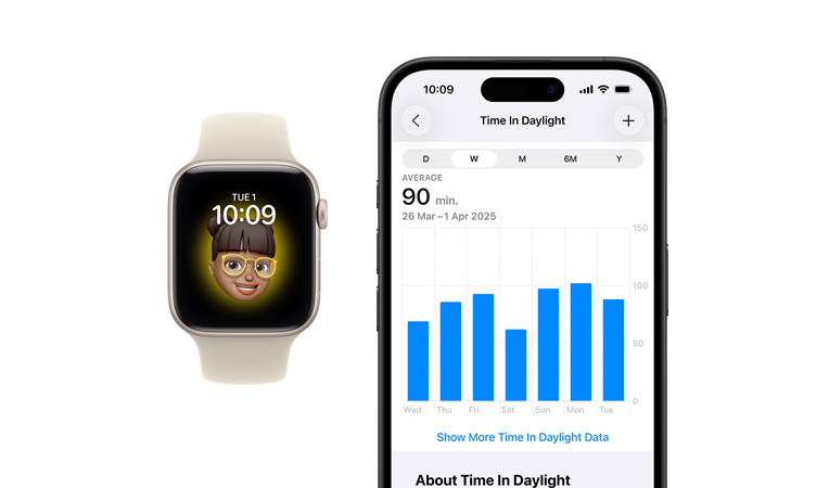 Apple Watch SE 3, aluminium case, starlight colour, Memoji watch face, iPhone, health sharing tab with time in Daylight hours