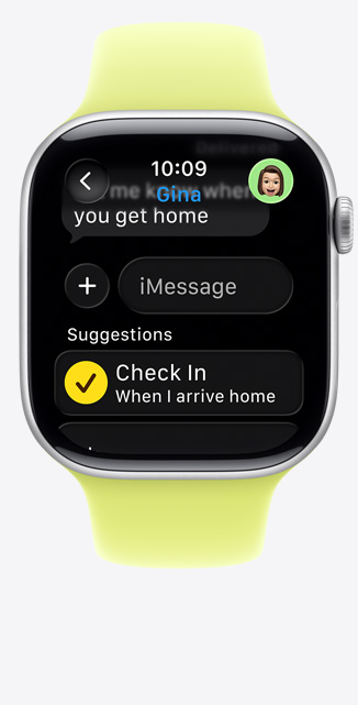 Apple Watch Series 12, aluminium shows Check In suggestion in iMessage, aluminum case, light gold color, connected to Sport Band, sand colour (pale tan)