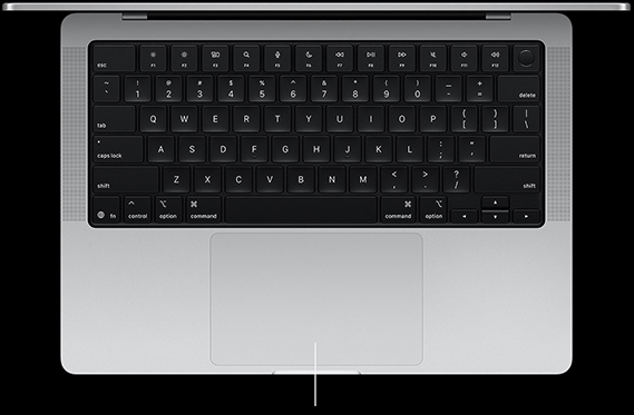 Изглед отгоре на отворен 14-инчов MacBook Pro, който показва Force Touch тракпад под клавиатурата
