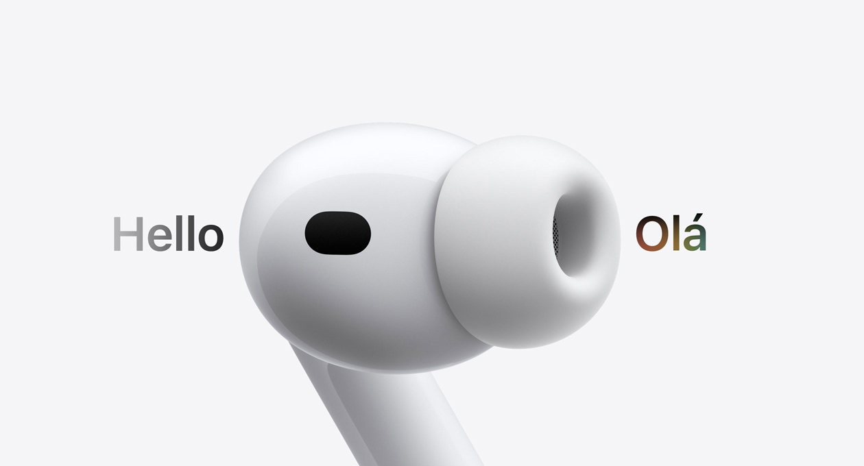 AirPods Pro 3, fone de ouvido com ponta de silicone, a Tradução ao Vivo altera do espanhol para o inglês os caracteres que dizem 'Olá'