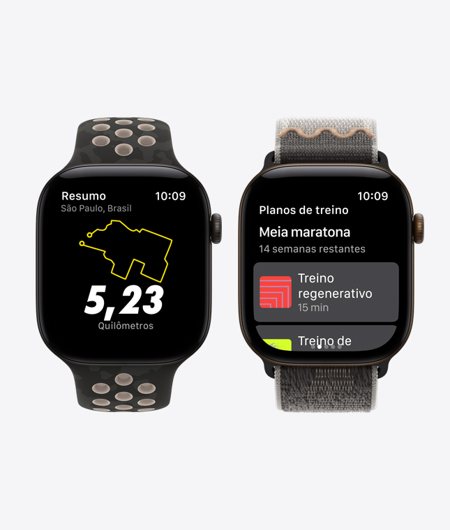Relógios Apple Watch Series 12 com caixa preta de alumínio e pulseira esportiva Nike na cor After Dark Black, as telas mostram o app Nike Run Club com corridas guiadas e planos de treino