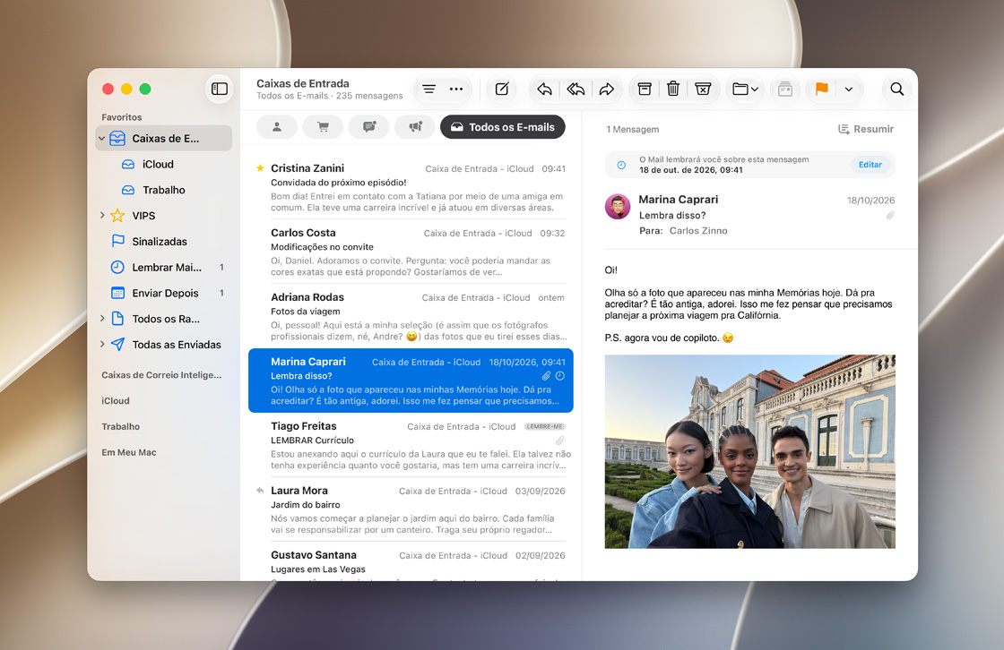 Imagem que mostra a integração da caixa de entrada do Mail do iCloud