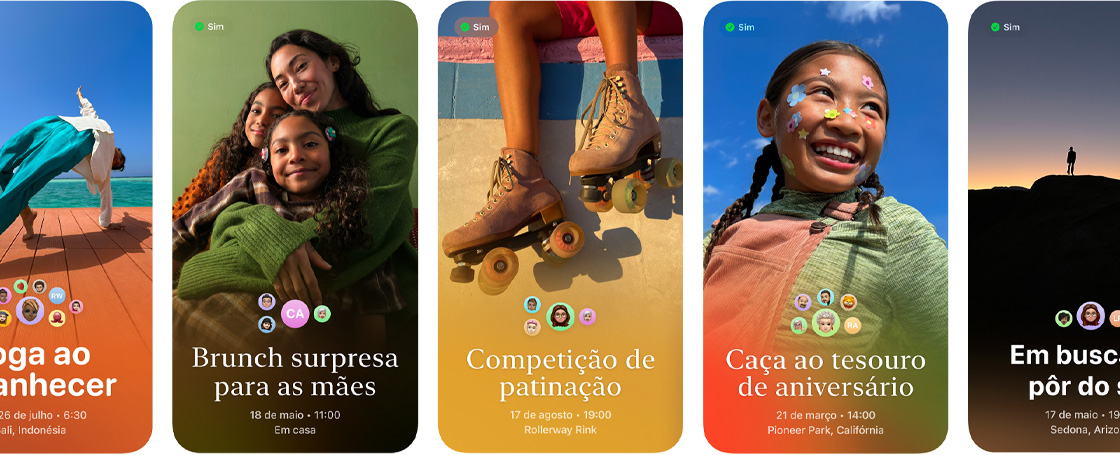 Fileira de Convites Apple Invites com fotos personalizadas coloridas de eventos chamados Brunch surpresa para a mamãe; Batalha de dança com patins e Caça ao tesouro de aniversário