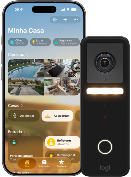 iPhone e câmera de segurança usando recursos do Vídeo Seguro do HomeKit