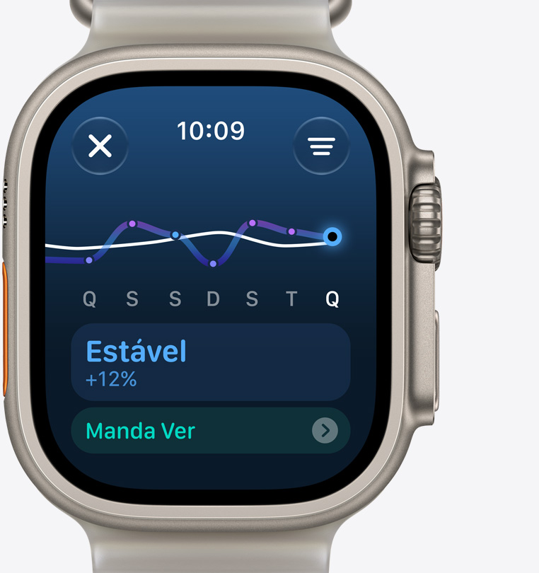 Apple Watch Ultra 4, caixa natural de titânio, tela de carga de exercício indicando um aumento constante no treino