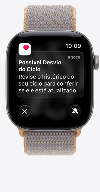 Apple Watch Series 12 com caixa cinza-espacial de alumínio e pulseira loop esportiva azul-chambray (azul-acinzentado-claro) recebendo uma notificação de possível desvio de ciclo e Acompanhamento de Ciclo no app Saúde