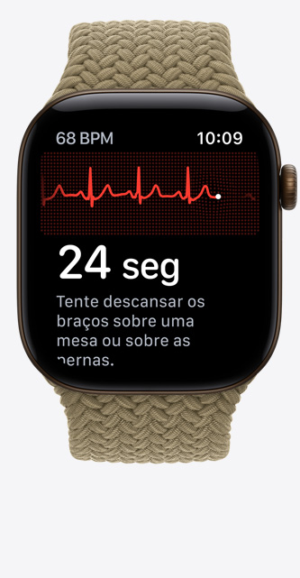 Apple Watch Series 12 com caixa bronze-escura de alumínio, app ECG, linha de ritmo cardíaco e timer, pulseira loop esportiva trançada oliva (verde terroso)