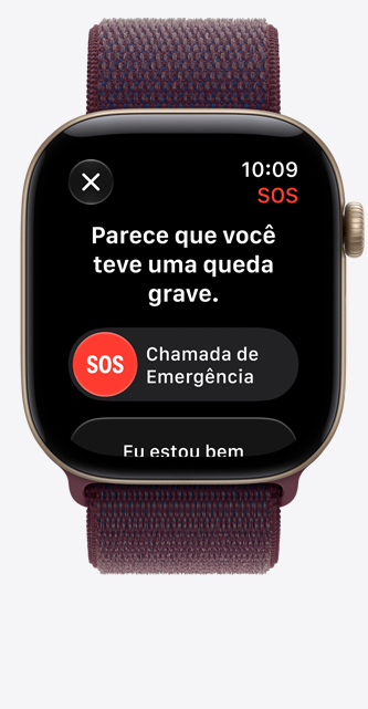 Apple Watch Series 12 com caixa dourada-clara de alumínio e pulseira loop esportiva bordô, notificação de queda brusca, opção de ligação de emergência