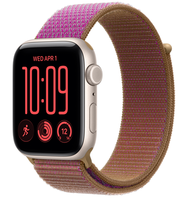 Apple Watch SE 3, aluminum case, starlight colour, Flux watch face, right side exterior, Digital Crown, microphone, side button, Sport Loop band, bright guava colour (hot pink with lavender edging), hook-and-loop fastener