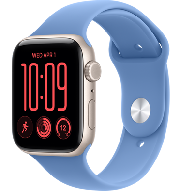 Apple Watch SE 3, aluminum case, starlight colour, Flux watch face, right side exterior, Digital Crown, microphone, side button, starlight Sport Band, silver pin-and-tuck closure