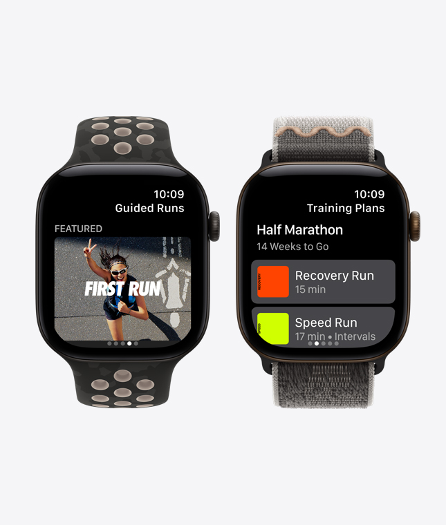 Apple Watch Series 12 devices, aluminum cases, black colour, screens: Nike Run Club app, Guided Runs, Training Plans features, bands: Nike Sport Band, after dark black colour, Nike Sport Loop, after dark black colour