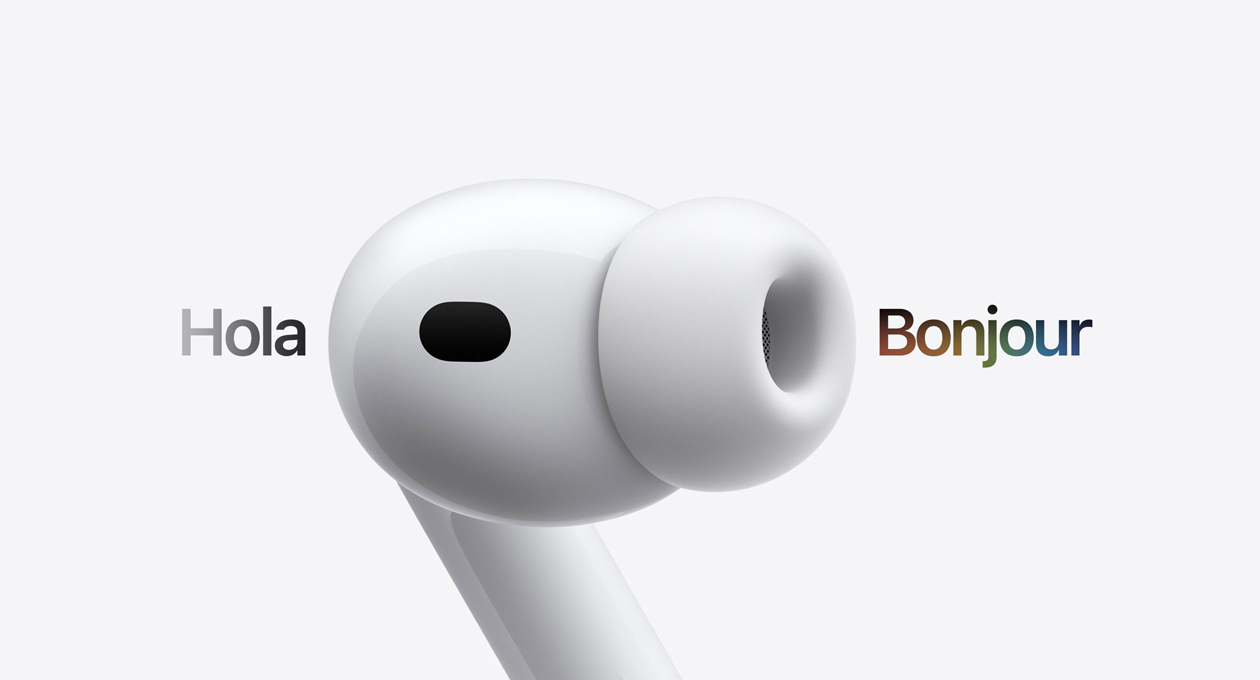 AirPods Pro 3, écouteur avec embout en silicone, la traduction en direct du texte espagnol « hola » en texte français « bonjour »