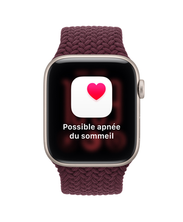 Apple Watch S E 3, boîtier en aluminium, couleur comète, écran affichant le suivi de la santé (notification de possible apnée du sommeil), côté droit, couronne Digital Crown, bracelet sport à rabat tressé, couleur bourgogne