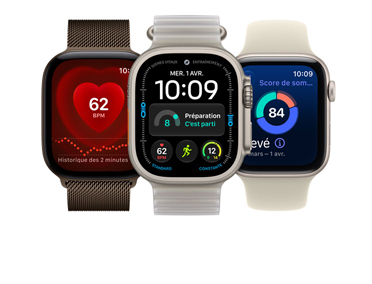 Apple Watch Series 12, boîtier en aluminium, couleur bronze foncé, écran affichant une fonctionnalité de santé cardiaque, bracelet milanais, couleur bronze foncé; Apple Watch Ultra 4, boîtier en titane, couleur naturel, écran affichant les fonctionnalités de signes vitaux, d’entraînement et de préparation, bracelet Océan, couleur varech translucide (brun-vert pâle); Apple Watch S E 3, boîtier en aluminium, couleur comète, écran affichant le score de sommeil, bracelet sport, couleur sable (brun pâle)