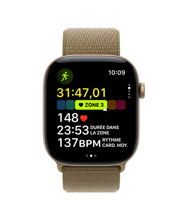 Apple Watch Series 12, boîtier en aluminium, couleur or clair, séance de course à l’extérieur en cours, fréquence cardiaque dans la zone 3, bracelet sport à rabat, couleur olive (vert brunâtre)