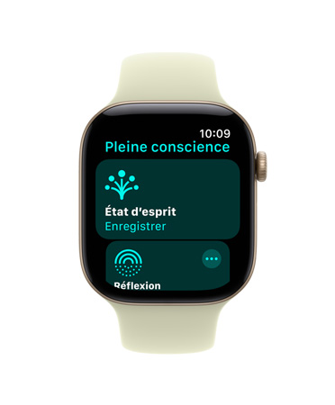 Apple Watch Series 12, boîtier en aluminium, couleur or clair, app Pleine conscience ouverte, bracelet sport, couleur succulente pâle (jaune-vert pâle)
