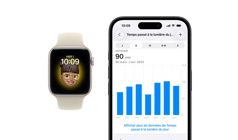 Apple Watch SE 3, boîtier en aluminium, comète, cadran Memoji, iPhone, onglet de partage des données de santé affichant le temps passé à la lumière du jour en heures.