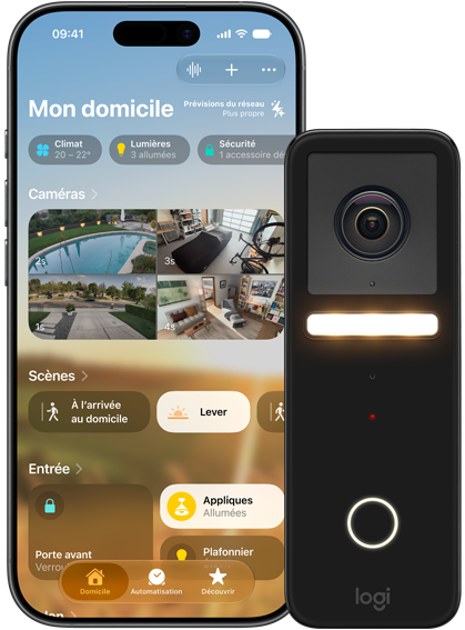 Des fonctionnalités de vidéo sécurisée HomeKit en cours d’utilisation sur un iPhone et une caméra de sécurité.