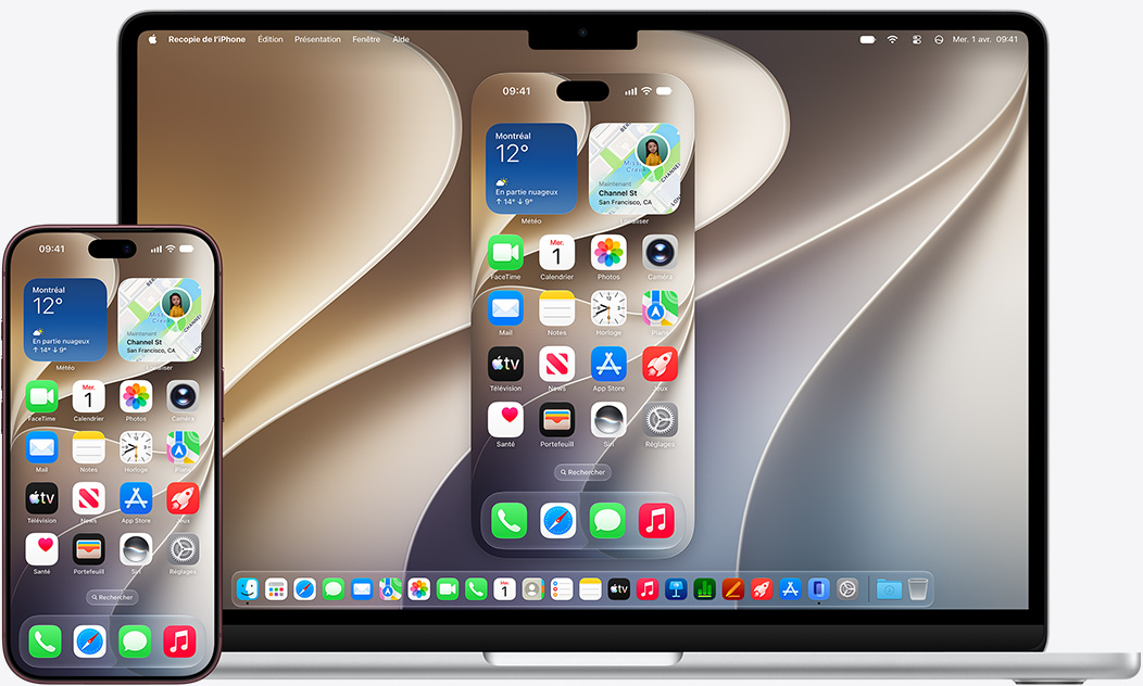 Un iPhone et un MacBook côte à côte, montrant la recopie de l’iPhone sur le MacBook; un fond d’écran générique est affiché