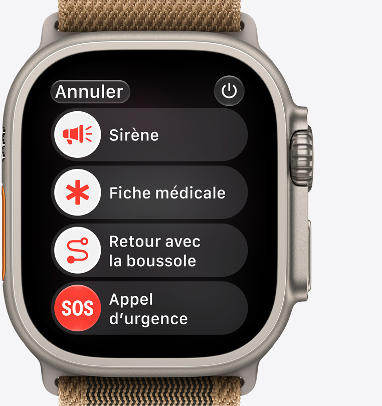 Apple Watch Ultra 4, boîtier en titane, couleur naturel, options d’assistance immédiate à l’écran : sirène, fiche médicale, retour avec la boussole, appel d’urgence