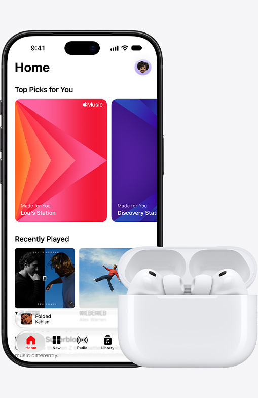 iPhone 18 Pro, front exterior, Apple Music homescreen displayed on screen, next to Airpods Pro 3 in open MagSafe Charging Case