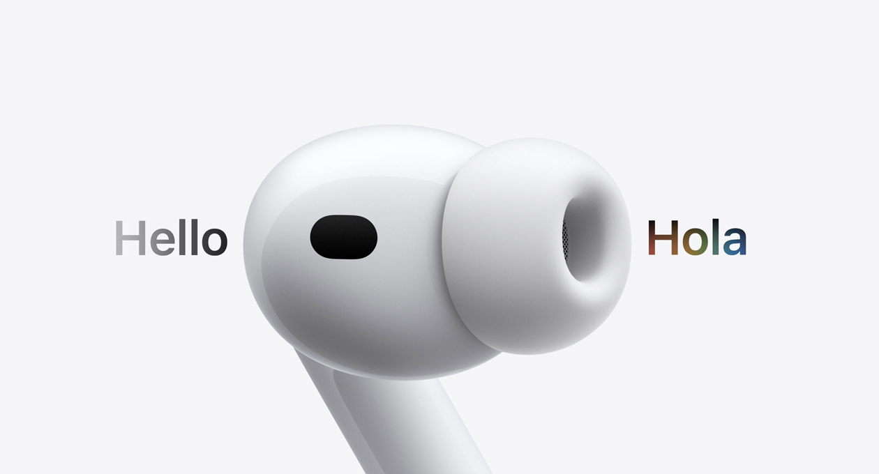 AirPods Pro 3, audífono con almohadilla de silicona, Traducción en Vivo cambia los caracteres en inglés que dicen 'hello' a un texto en español que dice 'hola'