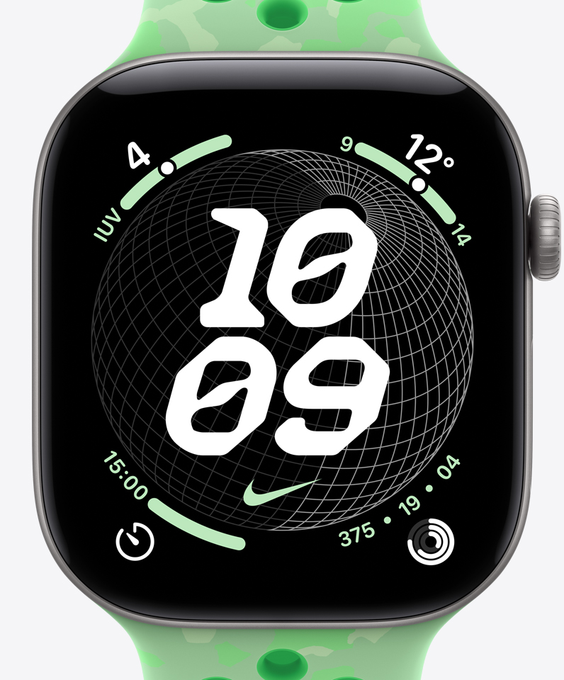 Carátula Globo de Nike, hora, logo Swoosh de Nike, complicaciones: índice UV, clima, temporizador, círculos de Actividad
