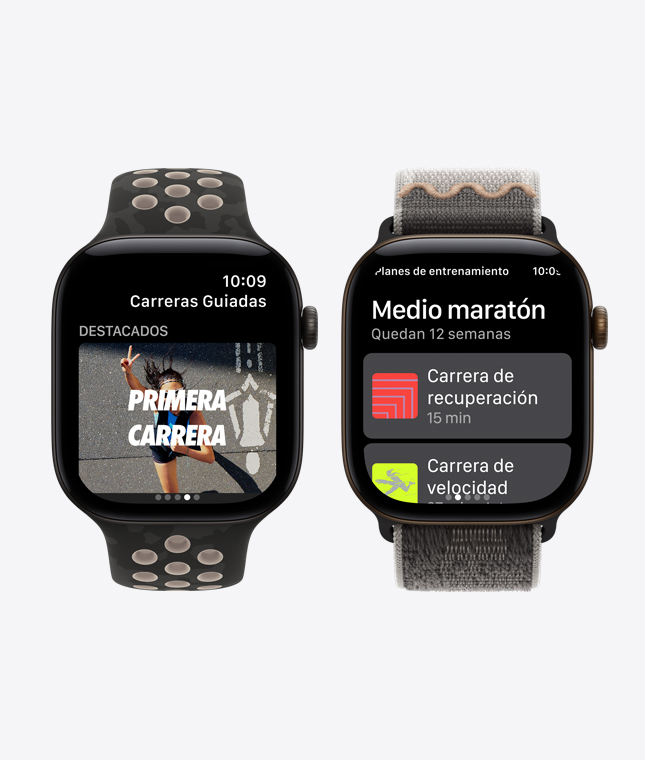 Dispositivos Apple Watch Series 12, pantallas: app Nike Run Club, funcionalidades Carreras Guiadas y Planes de Entrenamiento, cajas de aluminio, color negro, correa deportiva Nike, color negro After Dark, correa loop deportiva Nike, color negro After Dark