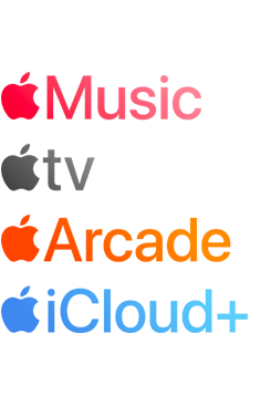 Logotipos de servicios de suscripción de Apple, como Apple Music, Fitness+, Apple TV, Apple Arcade y iCloud