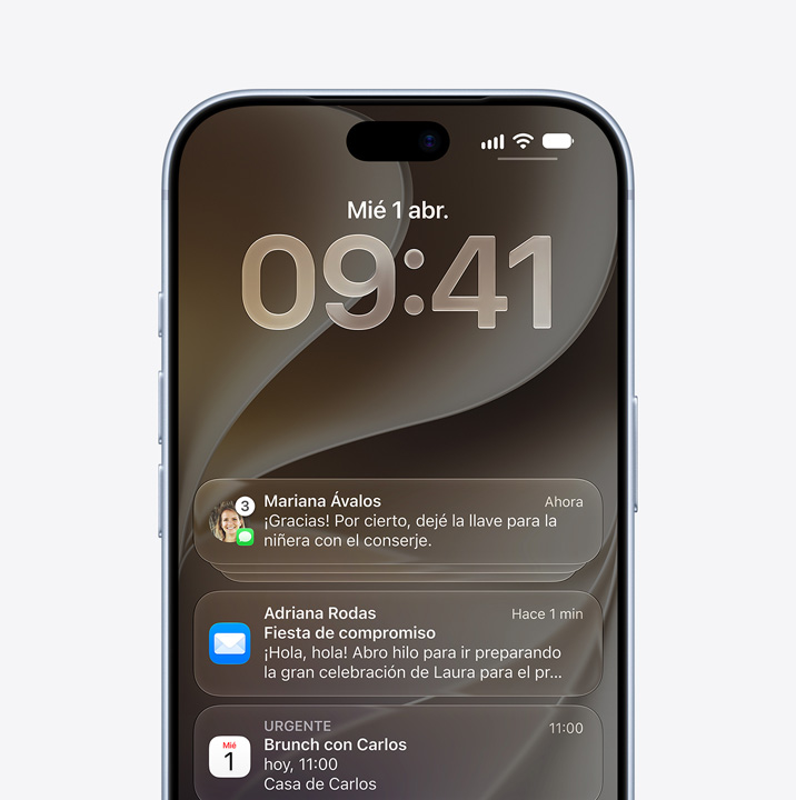 iPhone 18 Pro, parte frontal, notificaciones de las apps Mensajes, Mail y Calendario en la pantalla bloqueada