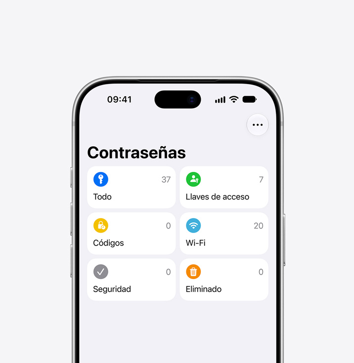 iPhone 18 Pro, parte frontal, app Contraseñas en la pantalla