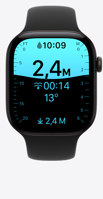 Apple Watch Series 12, caja de aluminio, color negro, pantalla de la app Profundidad, inmersión a 2,4 metros, correa deportiva, color negro