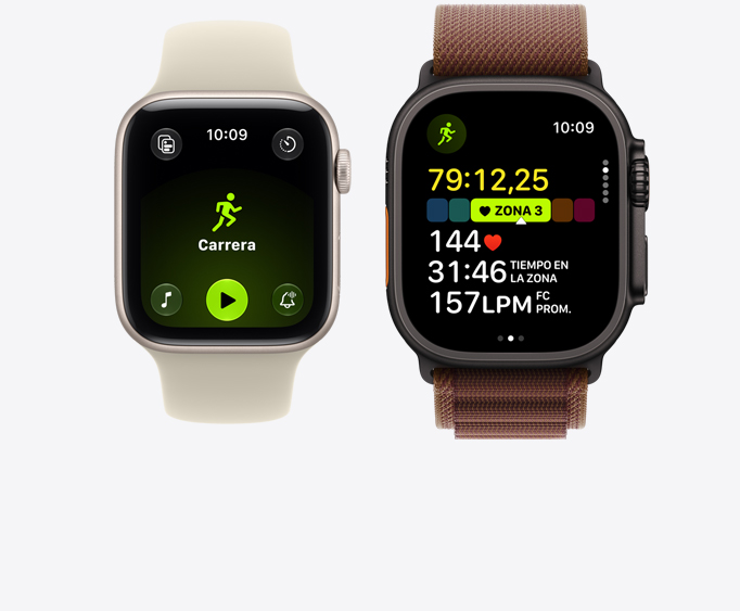Apple Watch Series 12, caja de aluminio, color oro claro, entrenamiento de Carrera al Aire Libre abierto con controles de reproducción de Apple Music, Apple Watch Ultra 4, caja de titanio, color negro, entrenamiento Carrera abierto, frecuencia cardiaca en la Zona 3