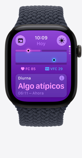 Apple Watch Series 12, caja de aluminio, color negro, app Signos Vitales, gráfico con puntuaciones de salud, medición actual de latidos por minuto, lectura diurna que indica signos vitales ligeramente fuera de normal, correa uniloop trenzada, color azul marino