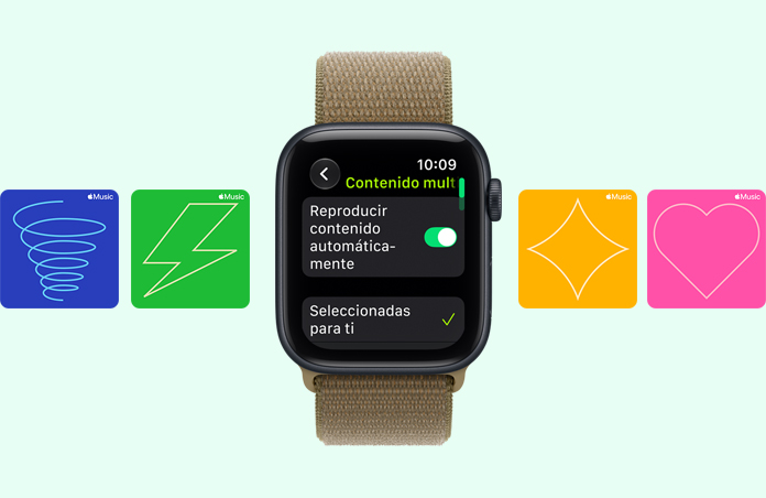 Apple Watch SE 3, caja de aluminio, color medianoche, la pantalla muestra el reproductor de contenido multimedia, parte lateral derecha, Digital Crown, correa loop deportiva, color verde oliva (verde tierra), fondo de tarjetas gráficas de Apple Music: ilustraciones de un remolino, un rayo, un diamante y un corazón