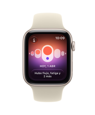 Apple Watch SE 3, caja de aluminio, blanco estelar, la pantalla muestra control de salud (Control del Ciclo), parte lateral derecha, Digital Crown, correa deportiva, color arena (café claro)