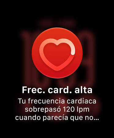 Notificación de frecuencia cardiaca alta, ícono blanco de contorno de corazón sobre un círculo rojo
