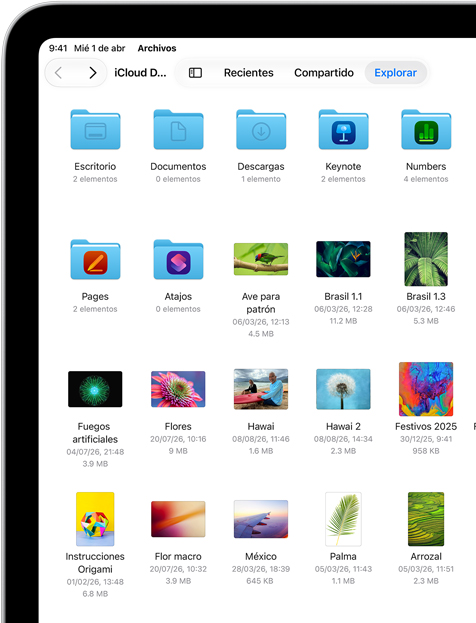 Pantalla de un iPad con archivos y carpetas en iCloud Drive