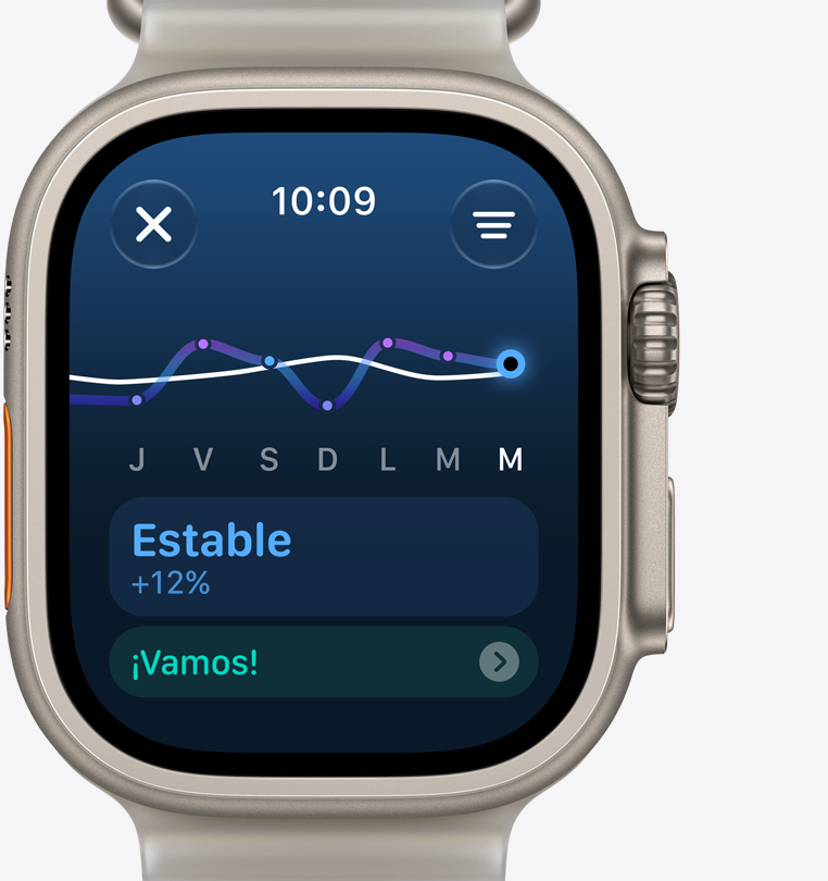 Apple Watch Ultra 4, pantalla de Carga de Entrenamiento que indica un aumento constante del nivel de entrenamiento, caja de titanio, color natural, correa Ocean, color gris translúcido