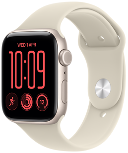 Apple Watch SE 3, hliníkové pouzdro, hvězdně bílá barva, na pravém boku korunka Digital Crown, mikrofon, boční tlačítko, sportovní řemínek, písková barva (světle béžová), kolíčkové zapínání (stříbrný kolíček)