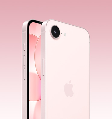 Přední a zadní strana jemně růžového iPhonu 17e, je vidět část obrazovky, celá zadní strana s logem Apple a jedním fotoaparátem a na boku akční tlačítko a boční tlačítka včetně tlačítek hlasitosti