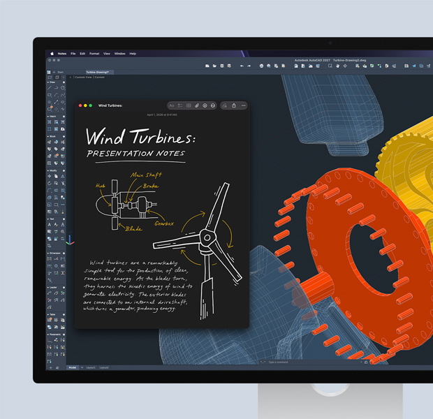 Studio Display, otevřený software Autodesk AutoCAD, na obrazovce je technický projekt a vedle něj otevřená aplikace Poznámky