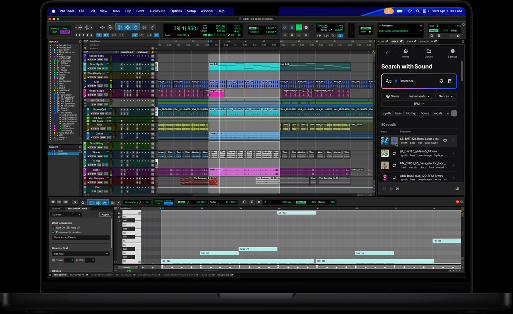 Na obrazovce MacBooku Pro probíhají úpravy skladby v Pro Tools