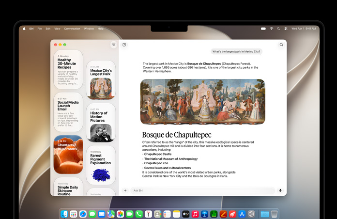 Vesmírně černý 14palcový MacBook Pro, na obrazovce je aplikace Siri s aktivní konverzací se Siri AI a předchozími konverzacemi na bočním panelu.