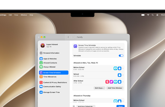 Stříbrný MacBook Pro, na obrazovce je v Nastavení vidět Vymezený čas a Čas u obrazovky, kde se dětem nastavují časové limity a kategorie médií