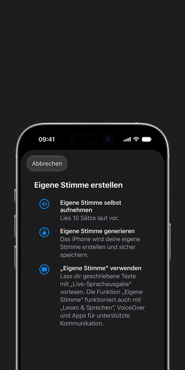 iPhone 17 Bildschirm mit der Funktion Eigene Stimme und einer Anleitung zum Erstellen deiner eigenen Stimme