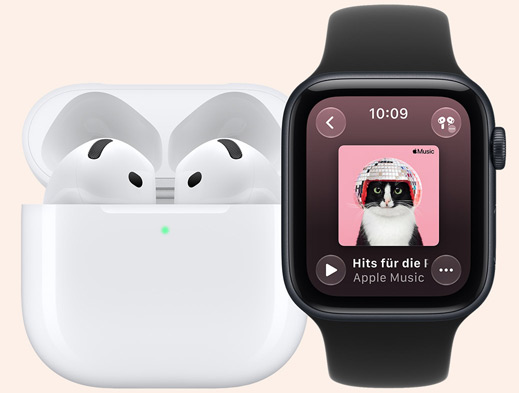 AirPods in MagSafe Charging Case, open, rounded corners, green charge indicator light, Apple Watch SE 3, aluminum case, midnight color, Apple Music app, playlist cover art, Sport Band, black color
