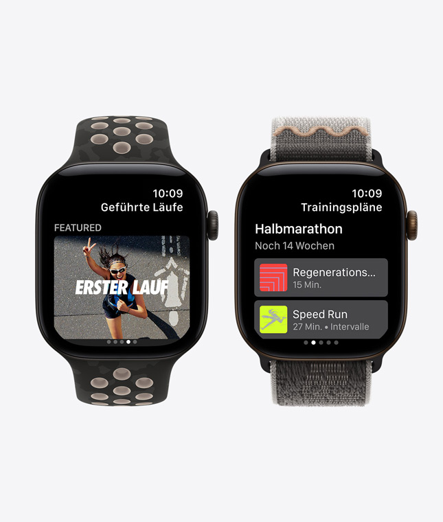 Apple Watch Series 12 Geräte, Aluminiumgehäuse, Farbe Schwarz. Die Displays zeigen: Nike Run Club App und die Features geführte Läufe und Trainingspläne. Armbänder: Nike Sportarmband, Farbe After Dark Black, Nike Sport Loop, Farbe After Dark Black