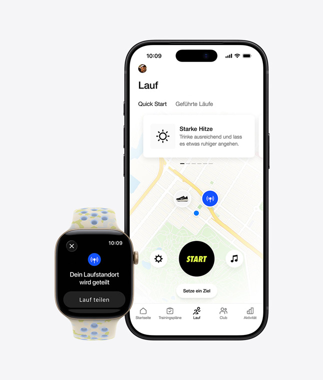 Apple Watch Series 12, Aluminiumgehäuse, Farbe Lichtgold, Nike Sport Loop Armband, Farbe Pavement Grey (Dunkelgrau mit Webmuster in hellerem Grau und roten Details), Bildschirm für Standortsharing, iPhone 18 Pro, Nike Run Club App zeigt Laufroute auf einer Karte
